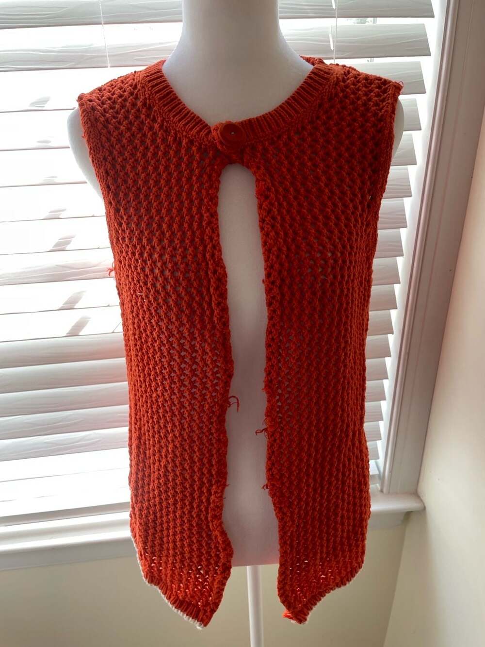 Vintage Orange Handmade Open Front Knit Vest with Top Button